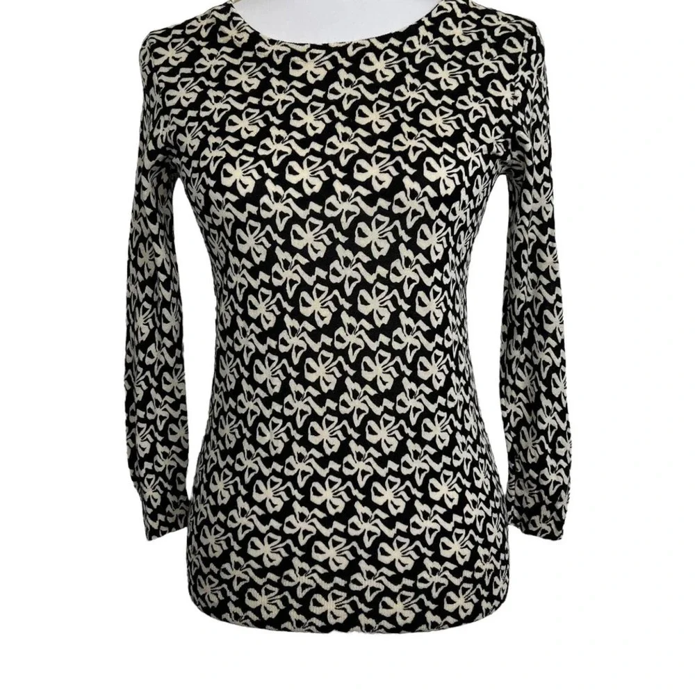 J.CREW‎ Sweater Merino Wool Black Bow Print Size XS